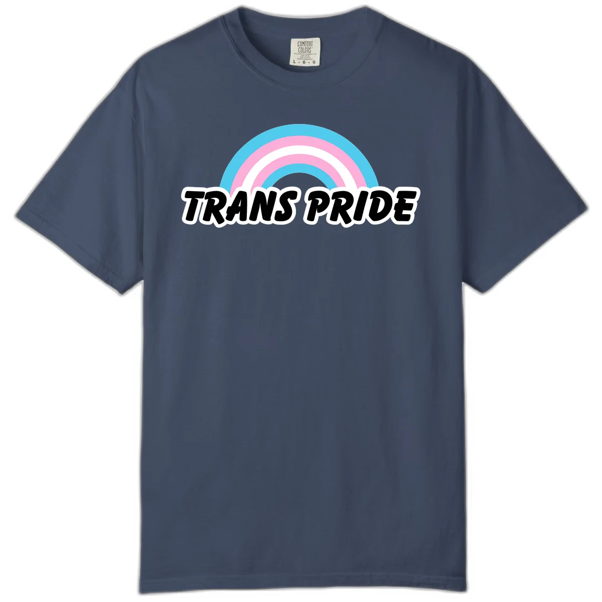 Trans pride rainbow design with cyan, pink, and white concentric arcs above black italic 'TRANS PRIDE' text with white outline on gray background in Midnight