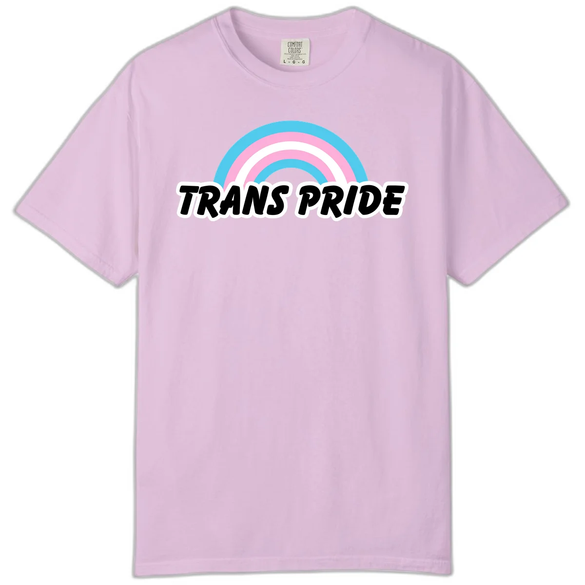 Trans pride rainbow design with cyan, pink, and white concentric arcs above black italic 'TRANS PRIDE' text with white outline on gray background in Orchid