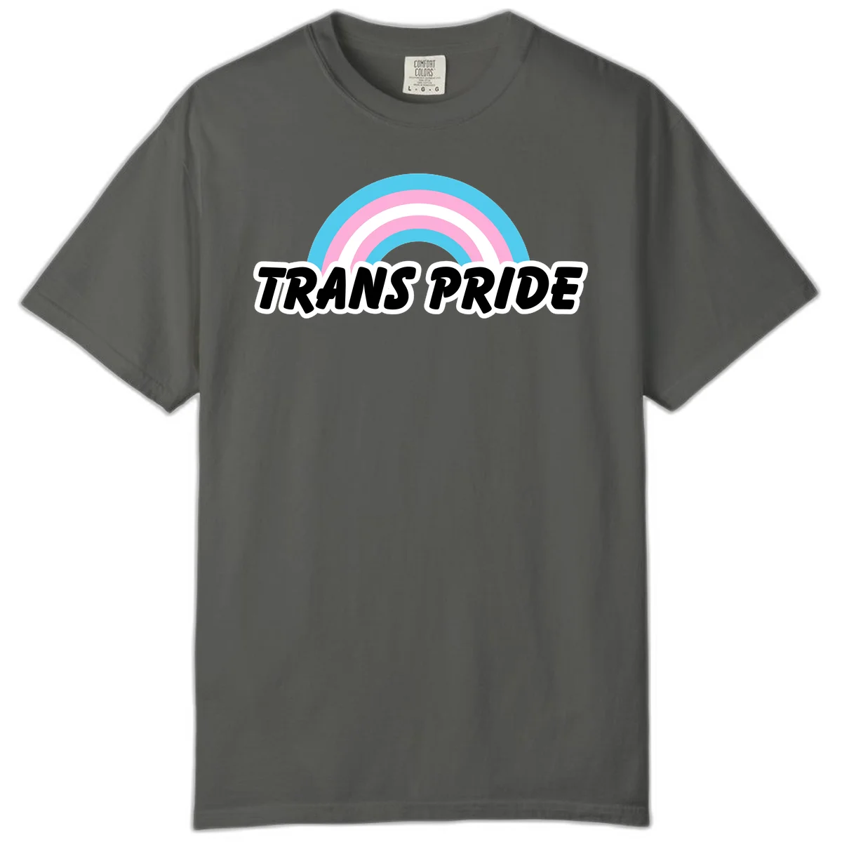 Trans pride rainbow design with cyan, pink, and white concentric arcs above black italic 'TRANS PRIDE' text with white outline on gray background in Pepper