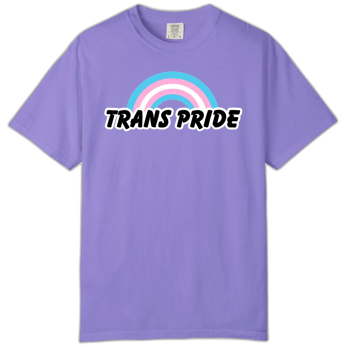 Trans pride rainbow design with cyan, pink, and white concentric arcs above black italic 'TRANS PRIDE' text with white outline on gray background in Violet