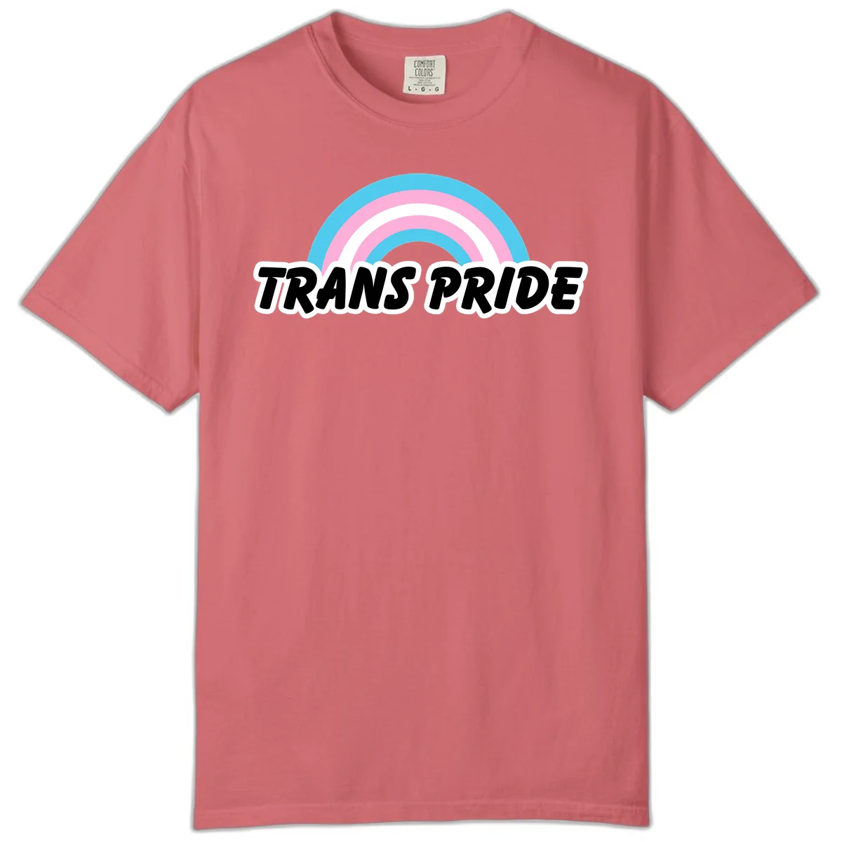 Trans pride rainbow design with cyan, pink, and white concentric arcs above black italic 'TRANS PRIDE' text with white outline on gray background in Watermelon