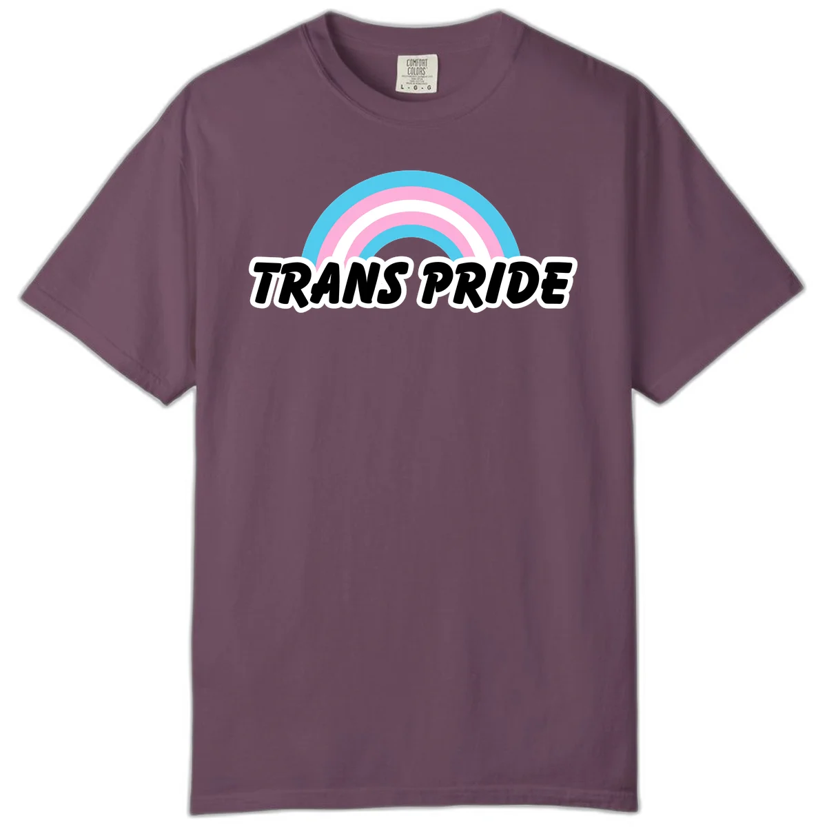 Trans pride rainbow design with cyan, pink, and white concentric arcs above black italic 'TRANS PRIDE' text with white outline on gray background in Berry