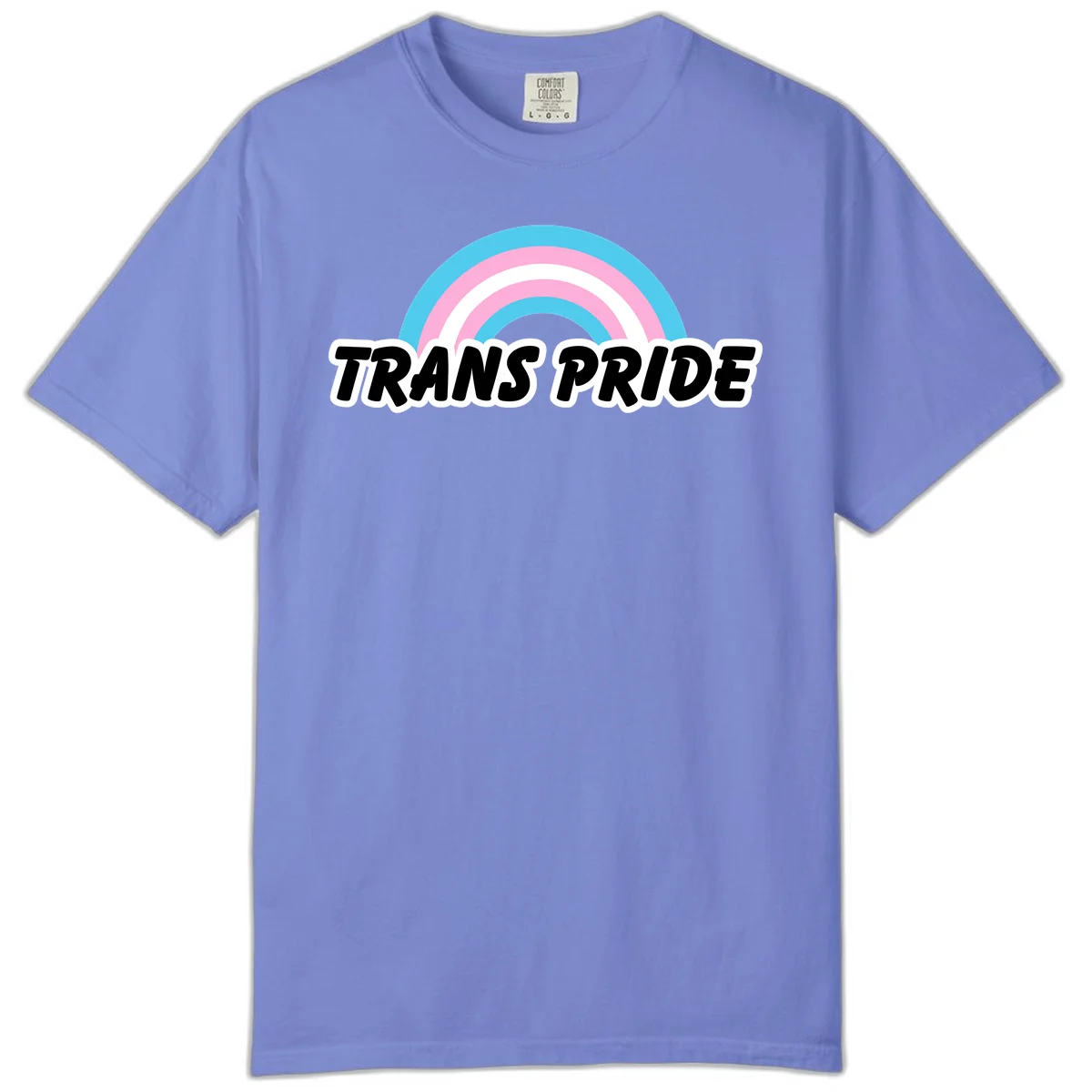 Trans pride rainbow design with cyan, pink, and white concentric arcs above black italic 'TRANS PRIDE' text with white outline on gray background in Flo Blue