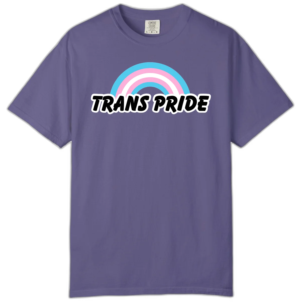 Trans pride rainbow design with cyan, pink, and white concentric arcs above black italic 'TRANS PRIDE' text with white outline on gray background in Grape