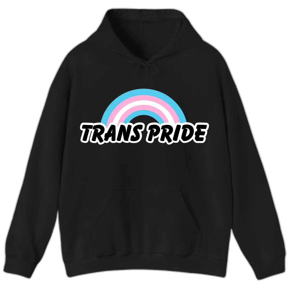 Trans pride rainbow design with cyan, pink, and white concentric arcs above black italic 'TRANS PRIDE' text with white outline on gray background in Black