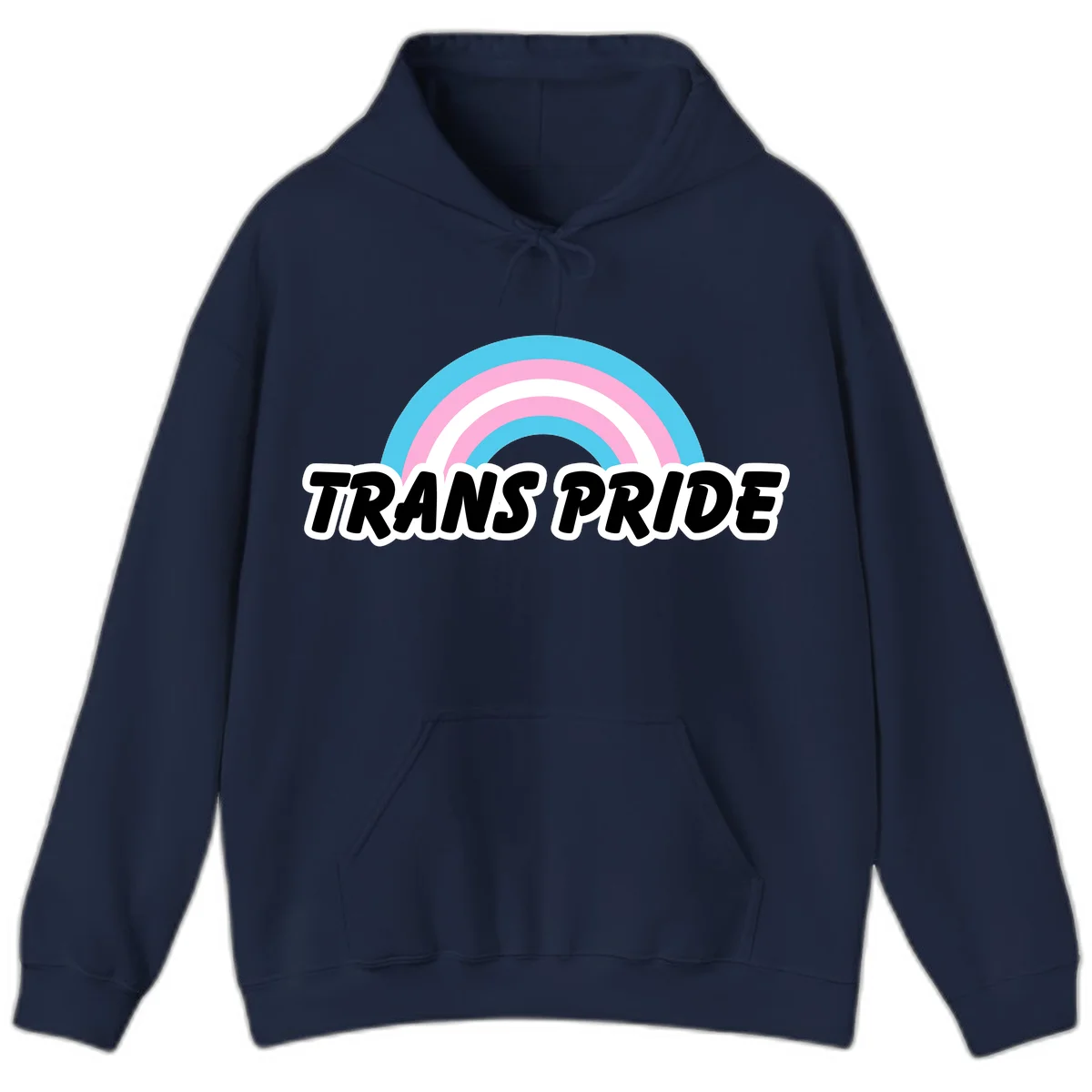 Trans pride rainbow design with cyan, pink, and white concentric arcs above black italic 'TRANS PRIDE' text with white outline on gray background in Navy