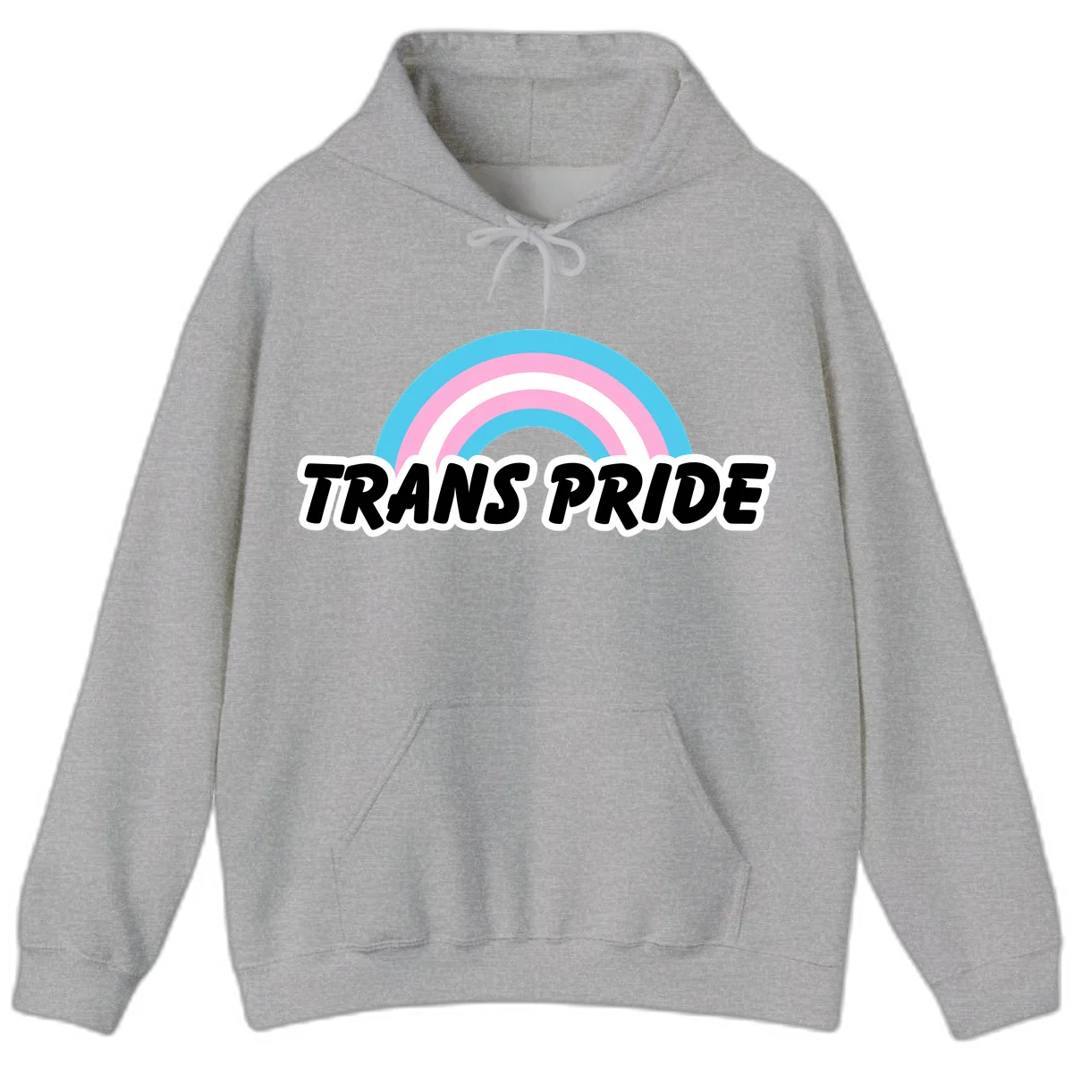 Trans pride rainbow design with cyan, pink, and white concentric arcs above black italic 'TRANS PRIDE' text with white outline on gray background in Sport Grey