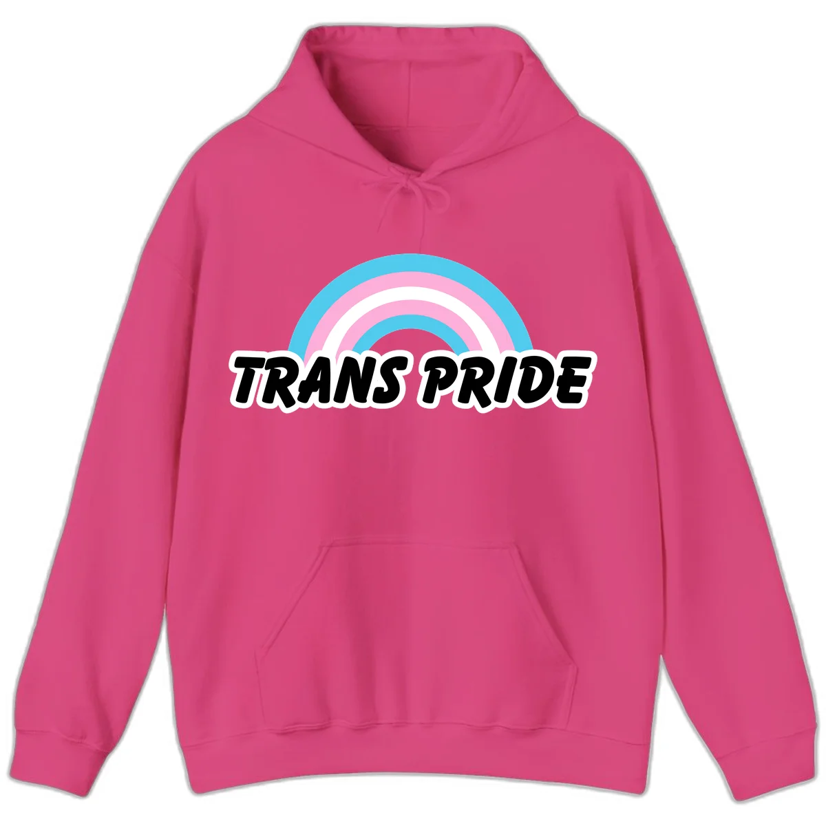 Trans pride rainbow design with cyan, pink, and white concentric arcs above black italic 'TRANS PRIDE' text with white outline on gray background in Heliconia