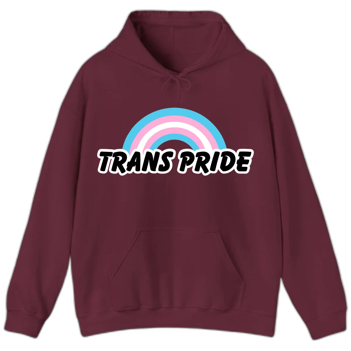 Trans pride rainbow design with cyan, pink, and white concentric arcs above black italic 'TRANS PRIDE' text with white outline on gray background in Maroon