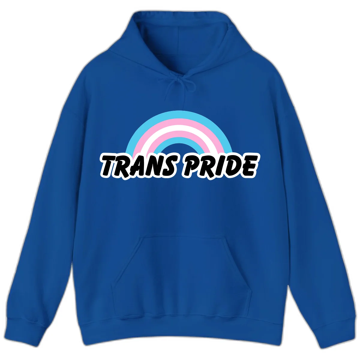 Trans pride rainbow design with cyan, pink, and white concentric arcs above black italic 'TRANS PRIDE' text with white outline on gray background in Royal