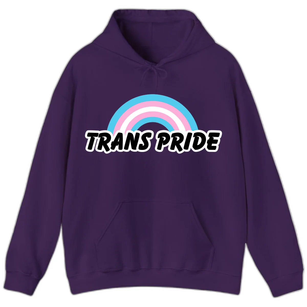 Trans pride rainbow design with cyan, pink, and white concentric arcs above black italic 'TRANS PRIDE' text with white outline on gray background in Purple