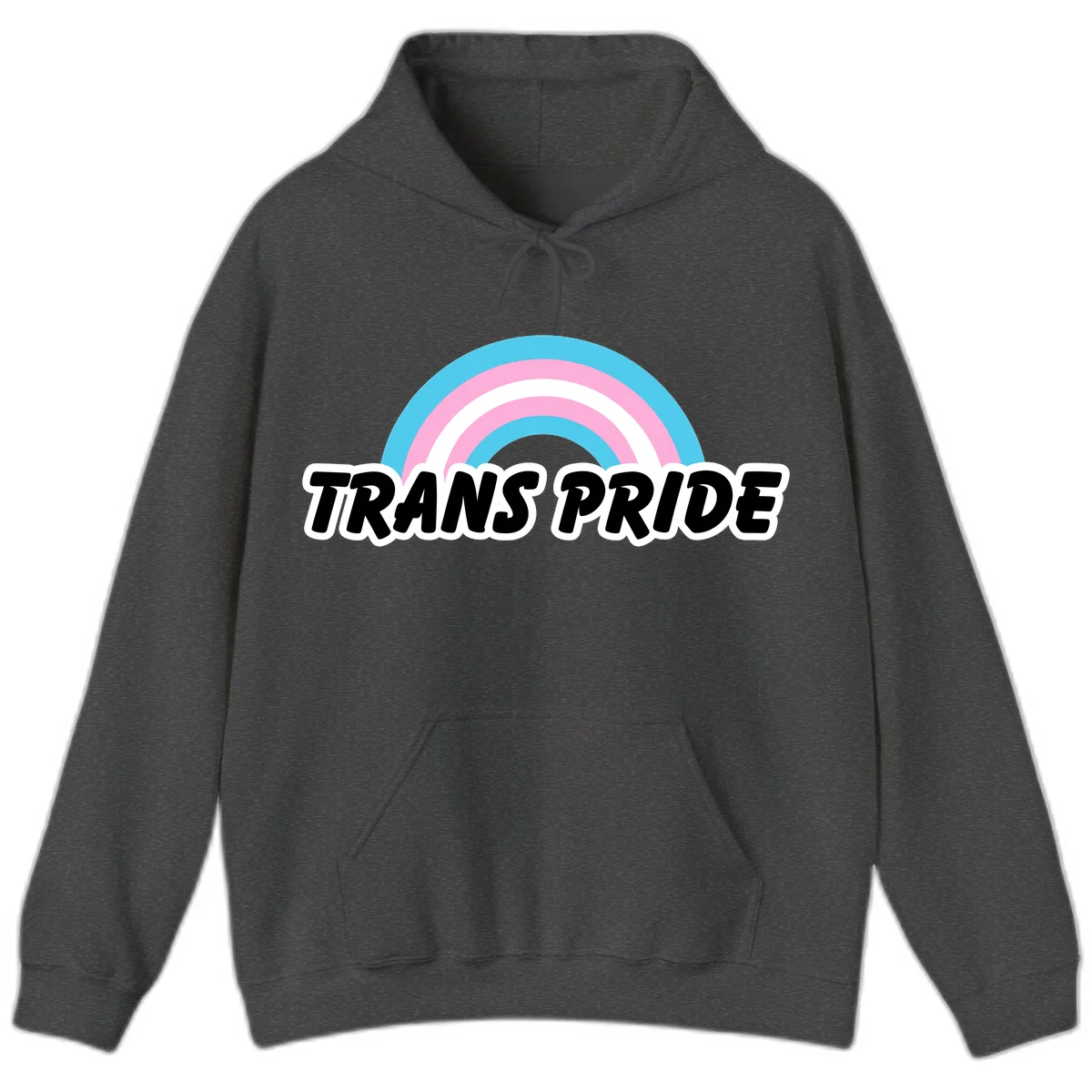 Trans pride rainbow design with cyan, pink, and white concentric arcs above black italic 'TRANS PRIDE' text with white outline on gray background in Dark Heather