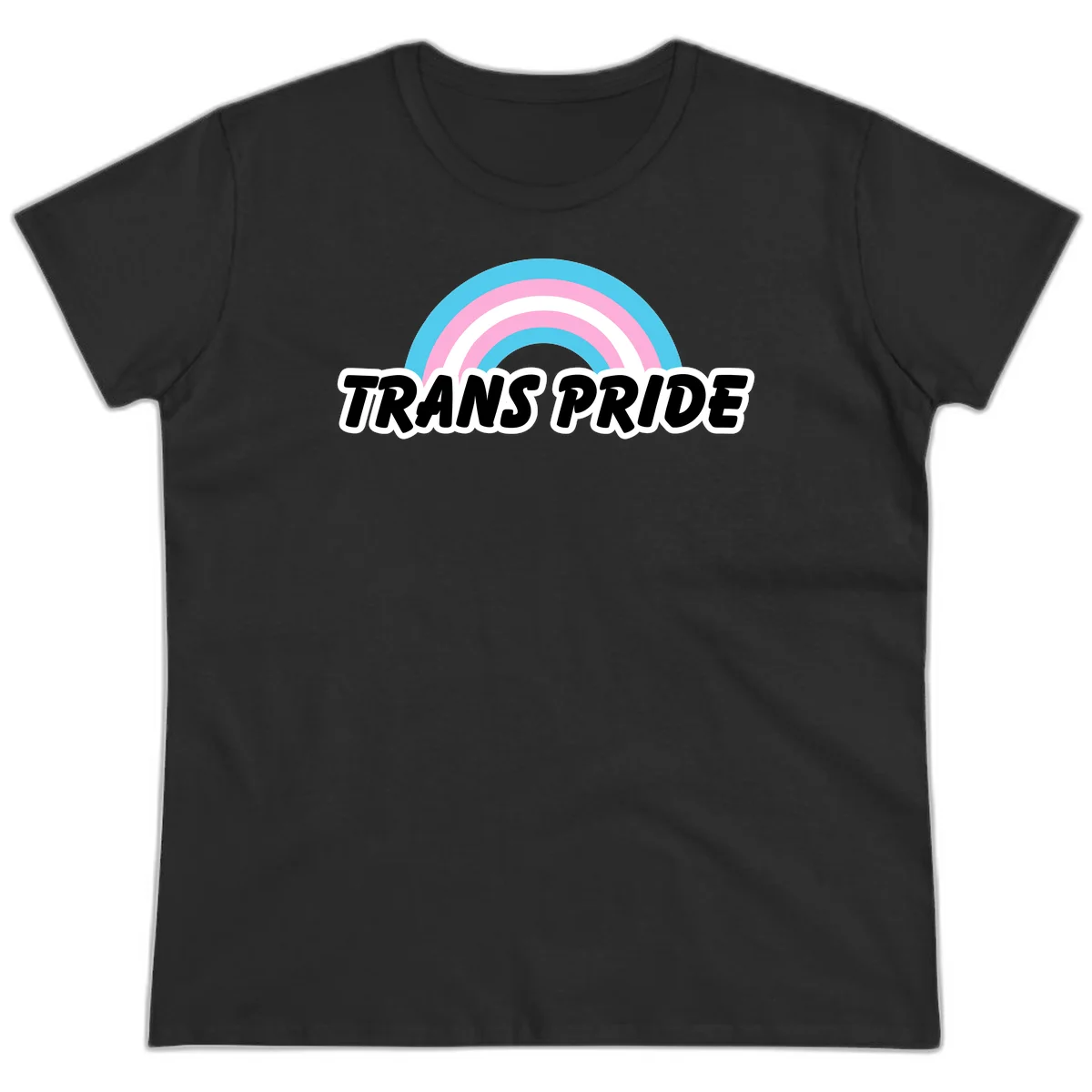 Trans pride rainbow design with cyan, pink, and white concentric arcs above black italic 'TRANS PRIDE' text with white outline on gray background in Black