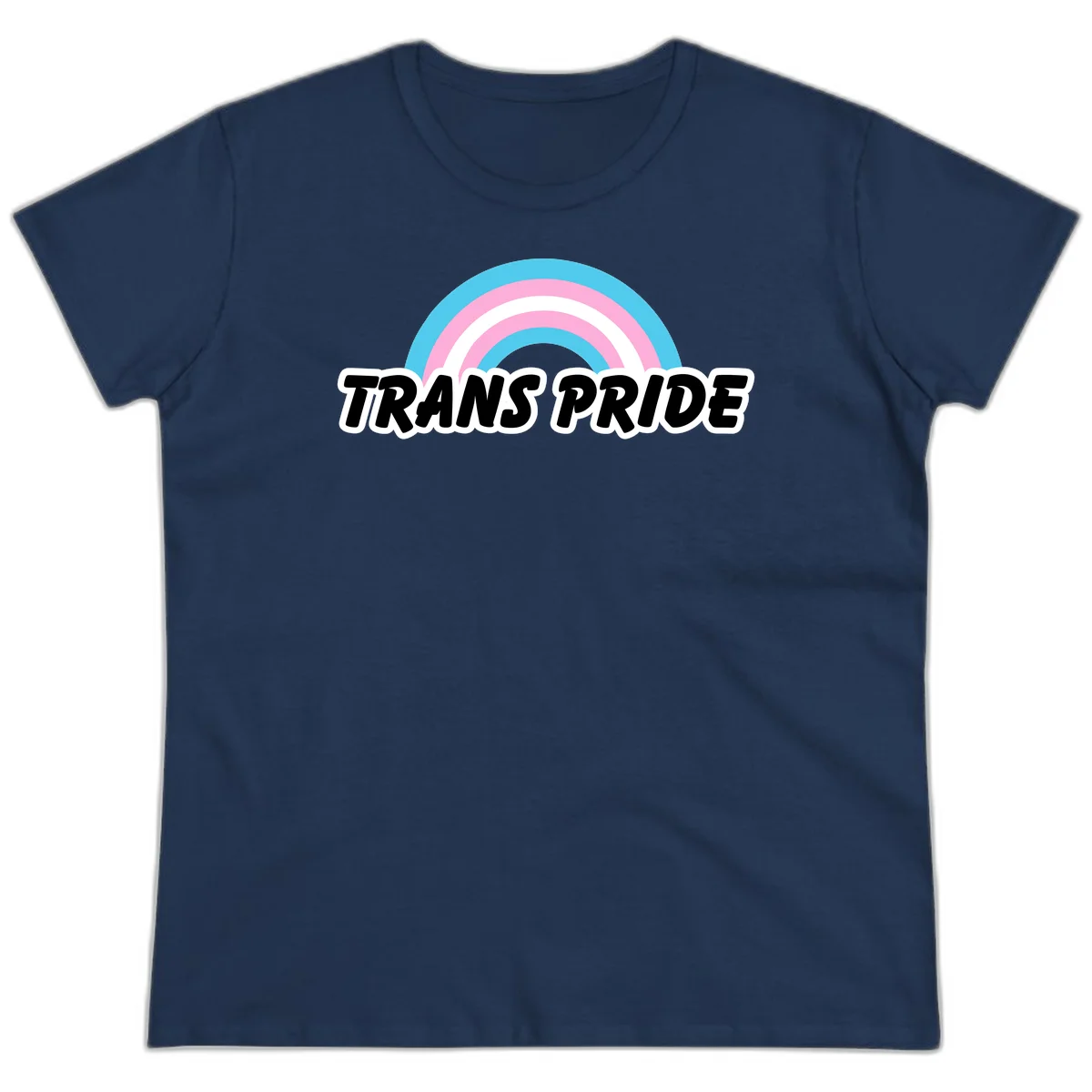 Trans pride rainbow design with cyan, pink, and white concentric arcs above black italic 'TRANS PRIDE' text with white outline on gray background in Navy