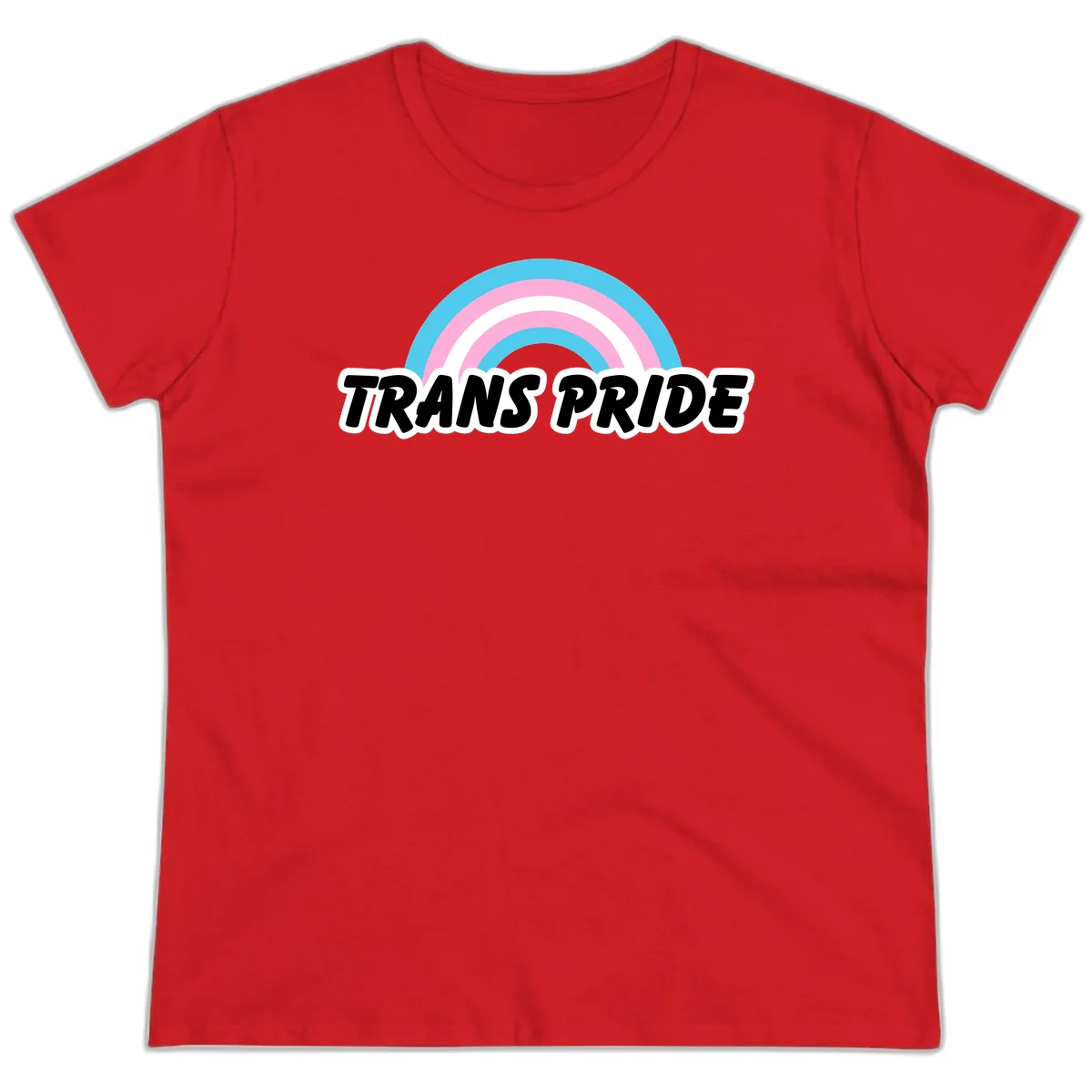 Trans pride rainbow design with cyan, pink, and white concentric arcs above black italic 'TRANS PRIDE' text with white outline on gray background in Red