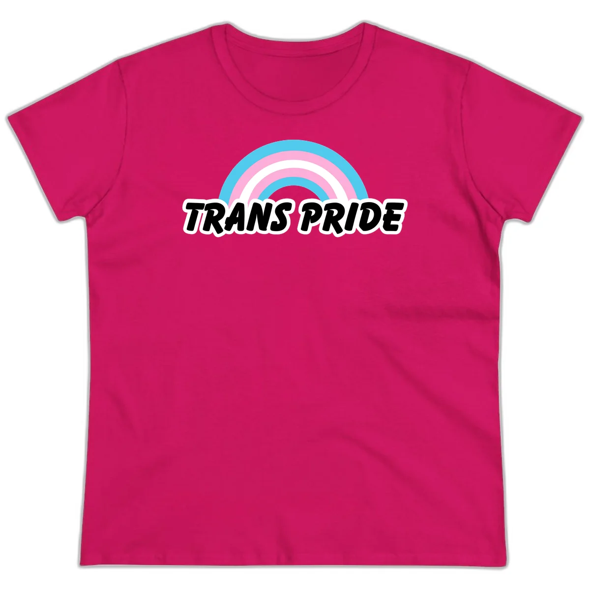 Trans pride rainbow design with cyan, pink, and white concentric arcs above black italic 'TRANS PRIDE' text with white outline on gray background in Heliconia