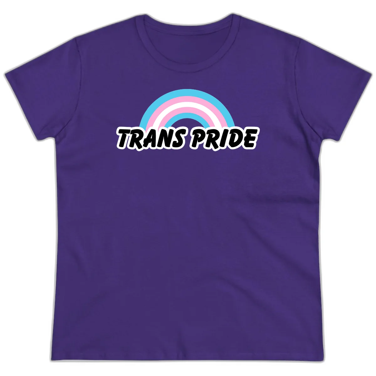 Trans pride rainbow design with cyan, pink, and white concentric arcs above black italic 'TRANS PRIDE' text with white outline on gray background in Purple