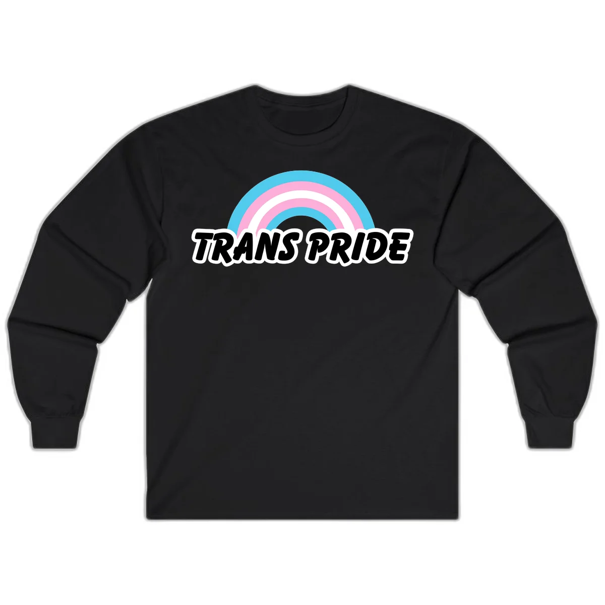 Trans pride rainbow design with cyan, pink, and white concentric arcs above black italic 'TRANS PRIDE' text with white outline on gray background in Black