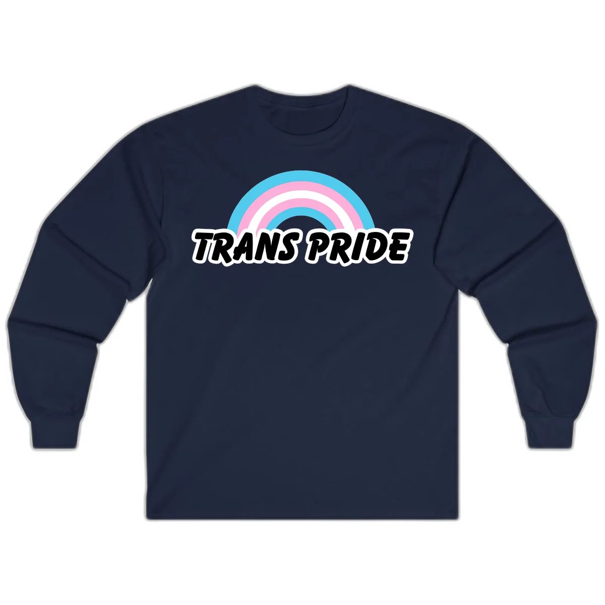 Trans pride rainbow design with cyan, pink, and white concentric arcs above black italic 'TRANS PRIDE' text with white outline on gray background in Navy