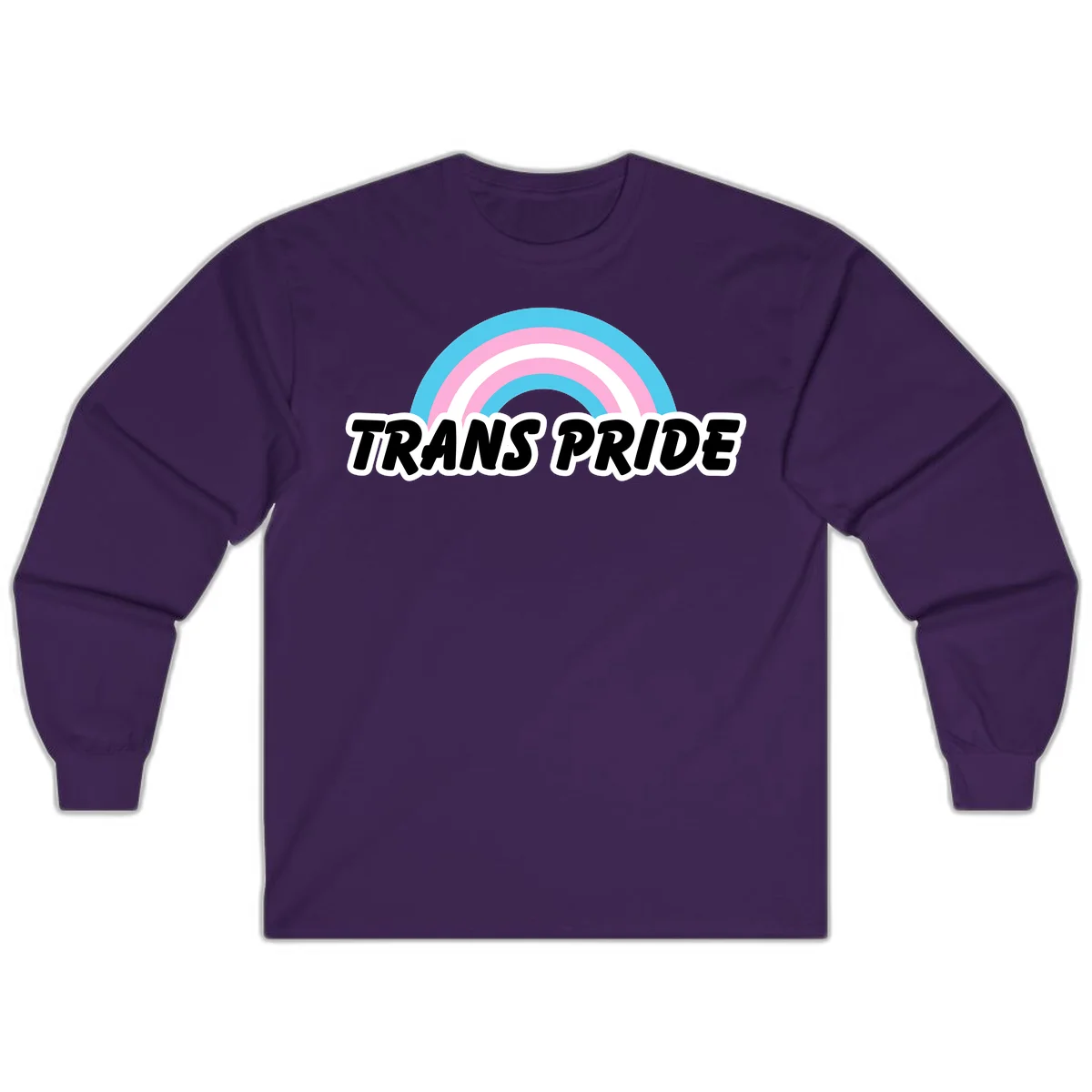 Trans pride rainbow design with cyan, pink, and white concentric arcs above black italic 'TRANS PRIDE' text with white outline on gray background in Purple