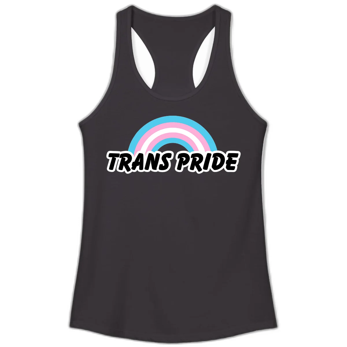 Trans pride rainbow design with cyan, pink, and white concentric arcs above black italic 'TRANS PRIDE' text with white outline on gray background in Black