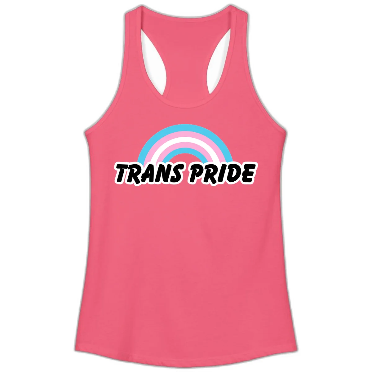 Trans pride rainbow design with cyan, pink, and white concentric arcs above black italic 'TRANS PRIDE' text with white outline on gray background in Hot Pink