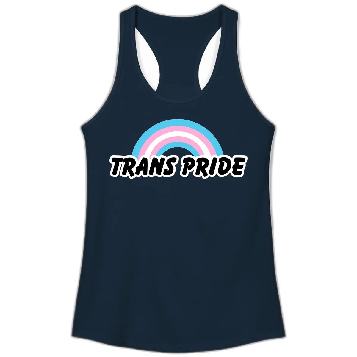 Trans pride rainbow design with cyan, pink, and white concentric arcs above black italic 'TRANS PRIDE' text with white outline on gray background in Solid Midnight Navy