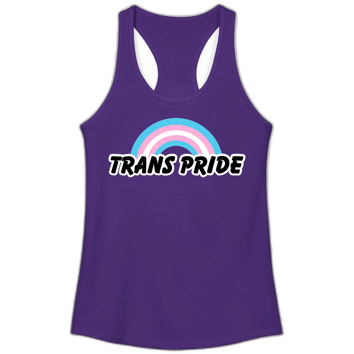Trans pride rainbow design with cyan, pink, and white concentric arcs above black italic 'TRANS PRIDE' text with white outline on gray background in Solid Purple Rush