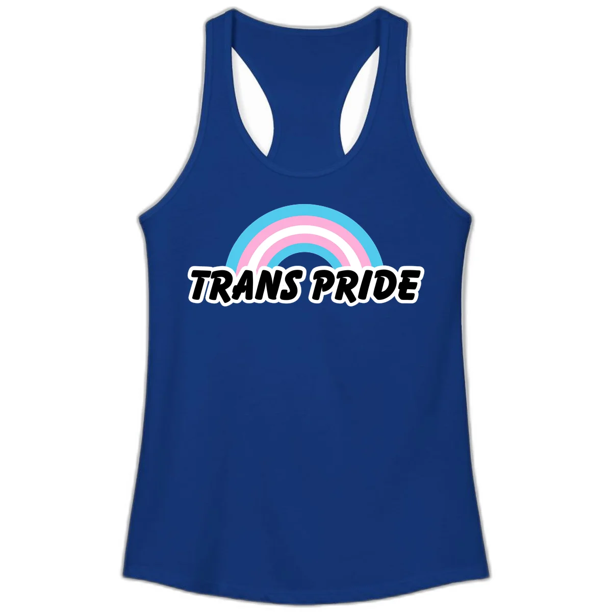 Trans pride rainbow design with cyan, pink, and white concentric arcs above black italic 'TRANS PRIDE' text with white outline on gray background in Solid Royal