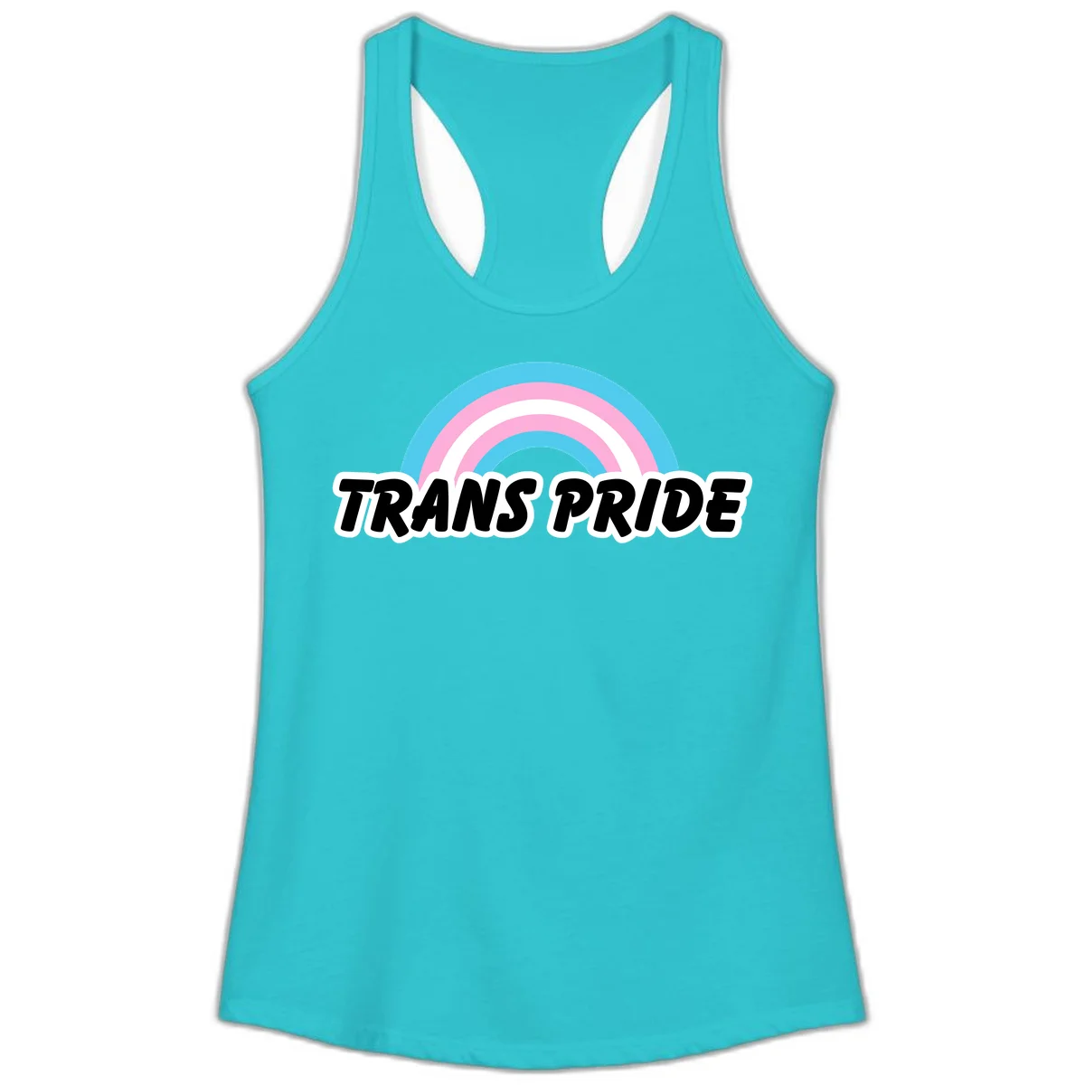Trans pride rainbow design with cyan, pink, and white concentric arcs above black italic 'TRANS PRIDE' text with white outline on gray background in Solid Tahiti Blue