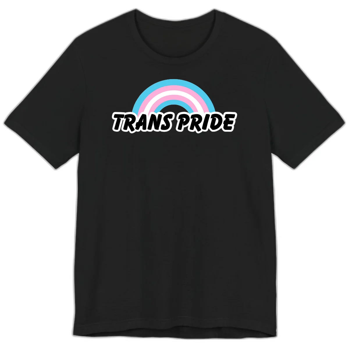 Trans pride rainbow design with cyan, pink, and white concentric arcs above black italic 'TRANS PRIDE' text with white outline on gray background in Black