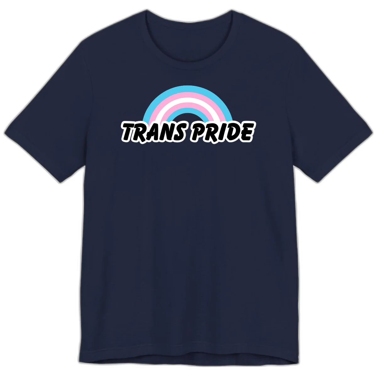 Trans pride rainbow design with cyan, pink, and white concentric arcs above black italic 'TRANS PRIDE' text with white outline on gray background in Navy