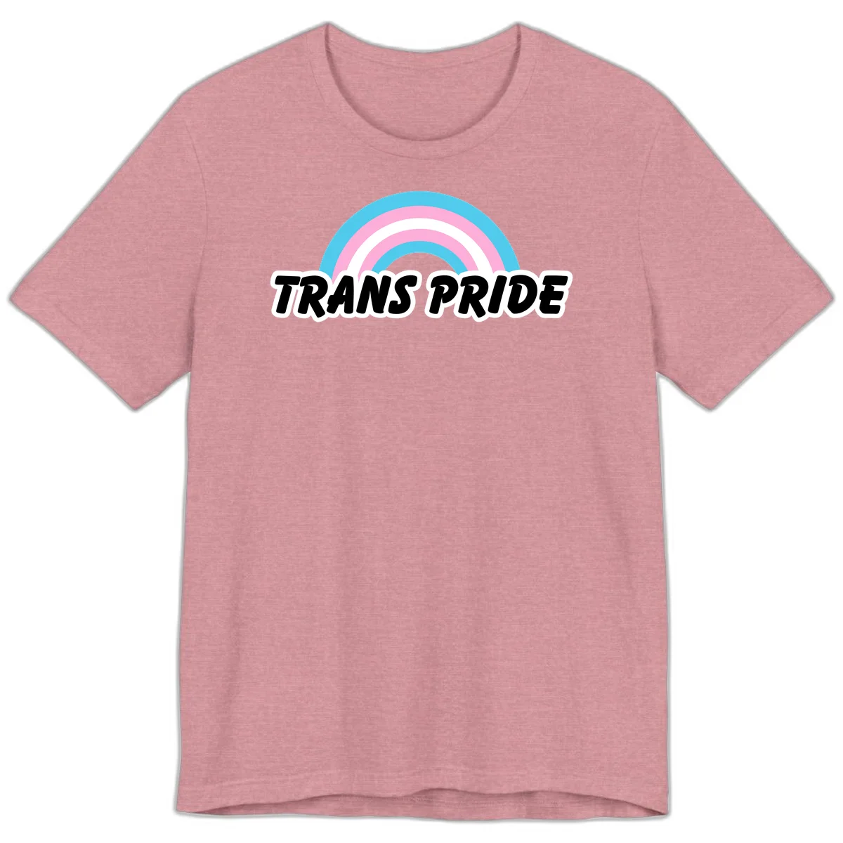 Trans pride rainbow design with cyan, pink, and white concentric arcs above black italic 'TRANS PRIDE' text with white outline on gray background in Heather Orchid