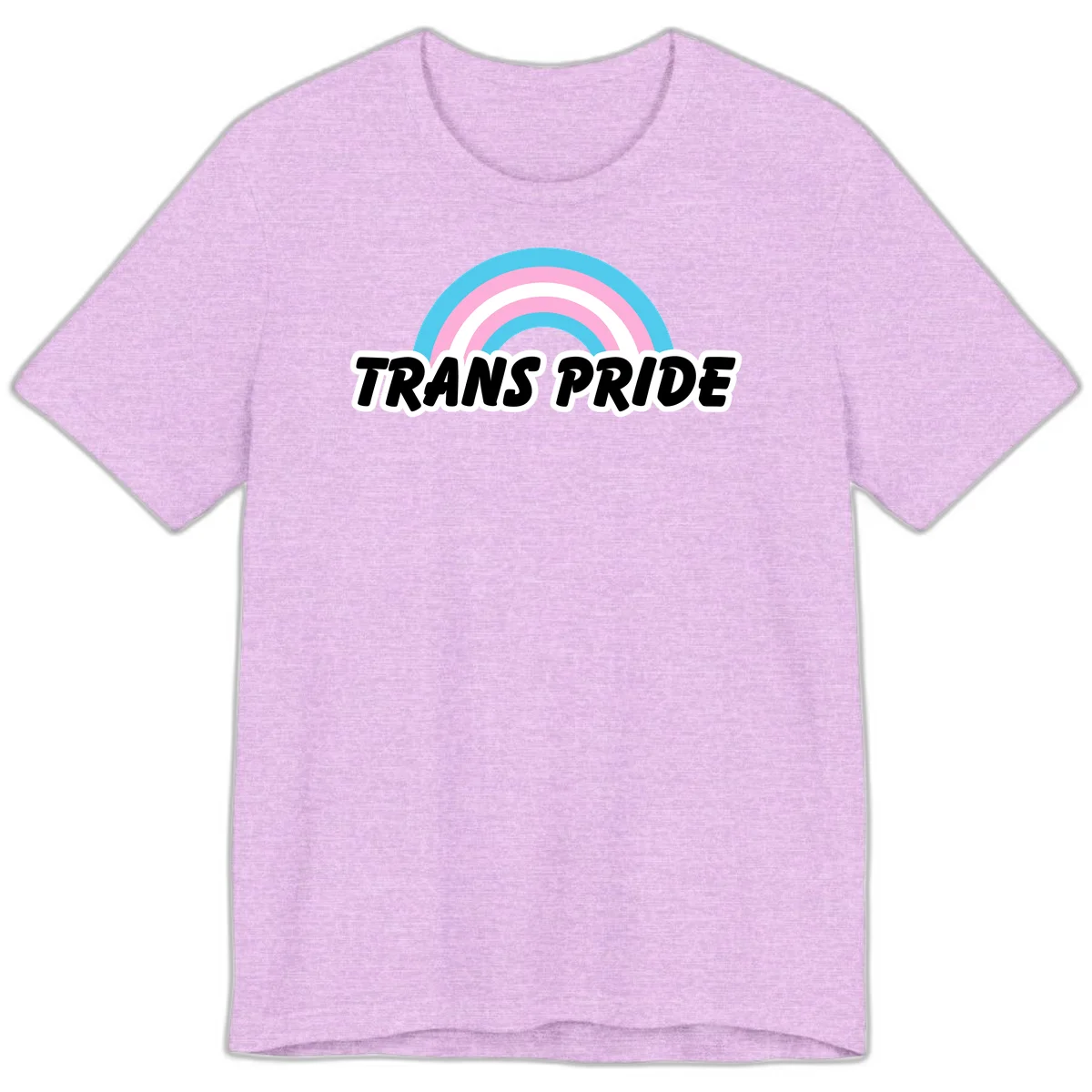 Trans pride rainbow design with cyan, pink, and white concentric arcs above black italic 'TRANS PRIDE' text with white outline on gray background in Heather Prism Lilac