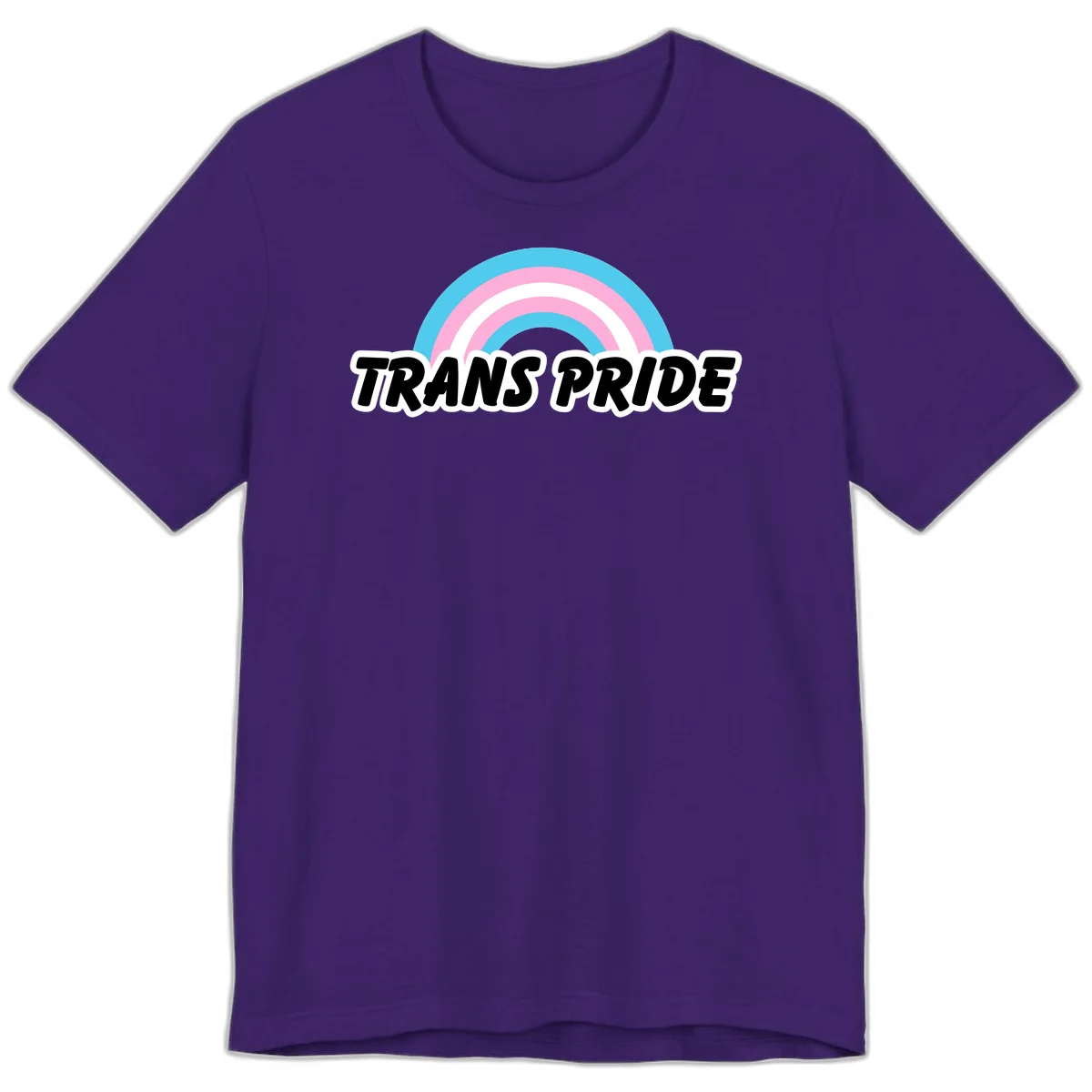 Trans pride rainbow design with cyan, pink, and white concentric arcs above black italic 'TRANS PRIDE' text with white outline on gray background in Team Purple