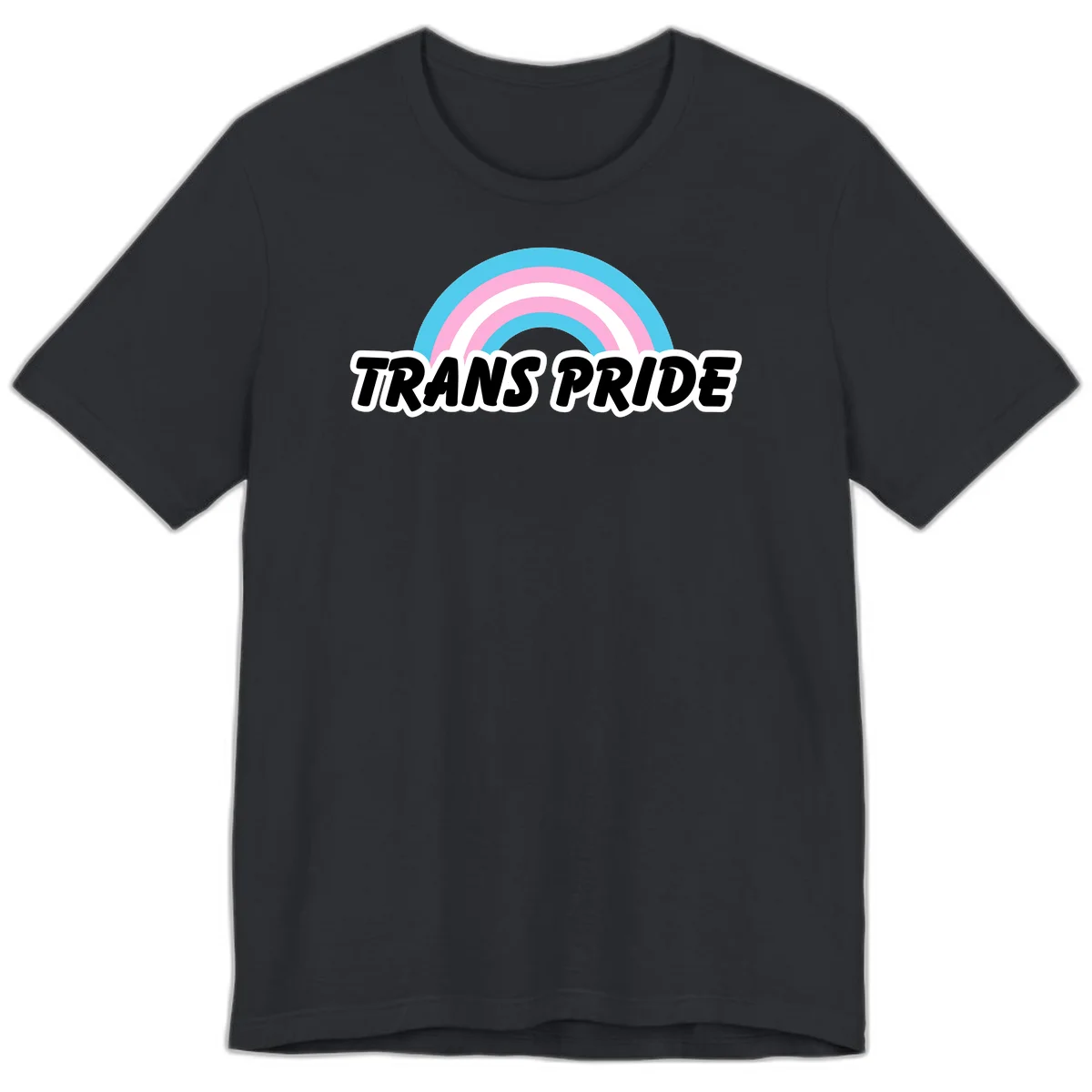 Trans pride rainbow design with cyan, pink, and white concentric arcs above black italic 'TRANS PRIDE' text with white outline on gray background in Vintage Black