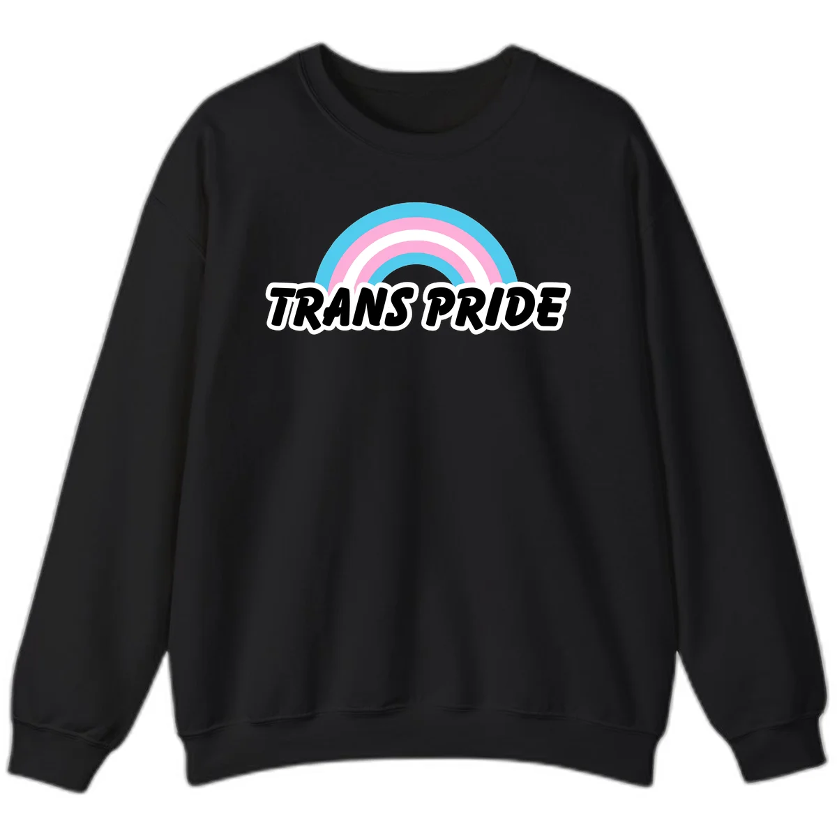 Trans pride rainbow design with cyan, pink, and white concentric arcs above black italic 'TRANS PRIDE' text with white outline on gray background in Black