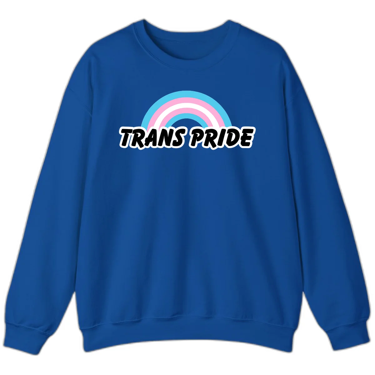 Trans pride rainbow design with cyan, pink, and white concentric arcs above black italic 'TRANS PRIDE' text with white outline on gray background in Royal
