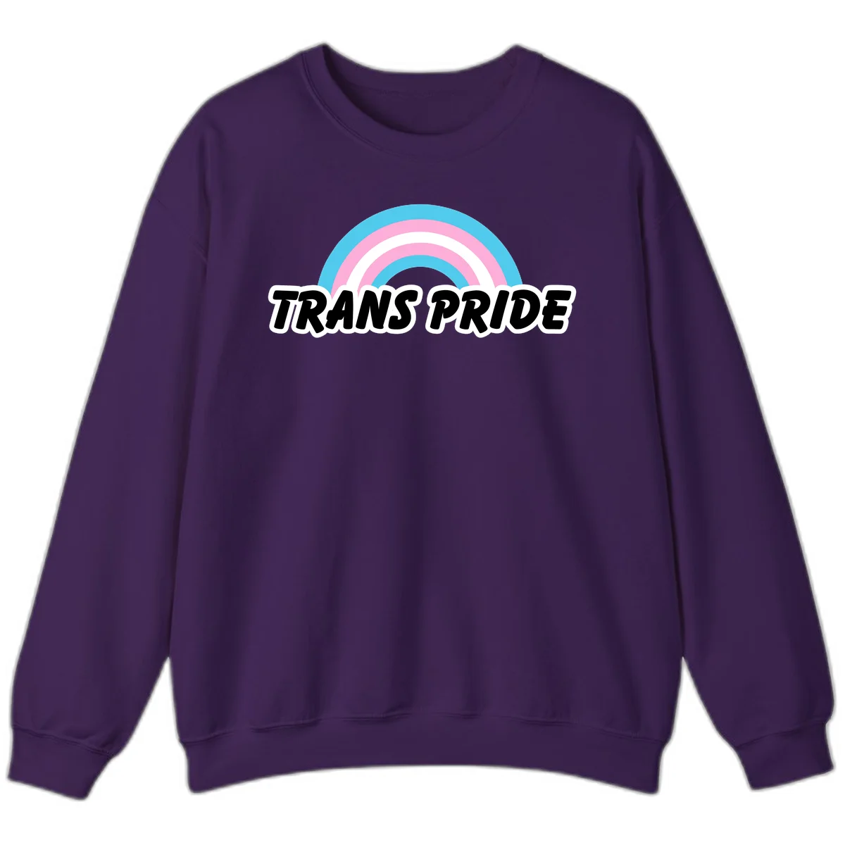 Trans pride rainbow design with cyan, pink, and white concentric arcs above black italic 'TRANS PRIDE' text with white outline on gray background in Purple