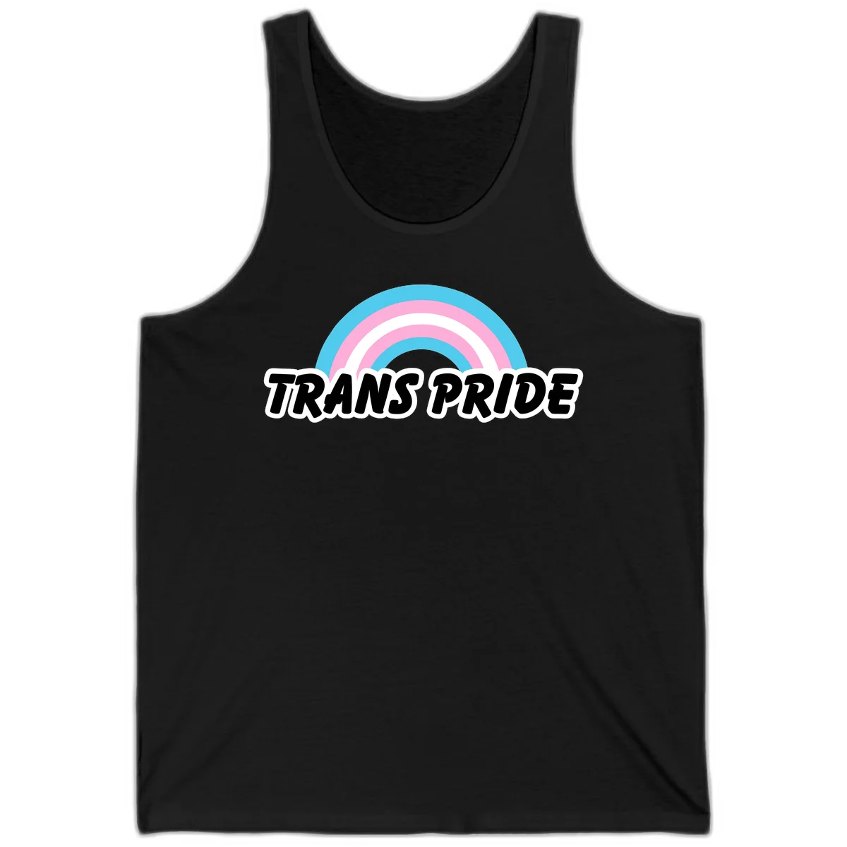Trans pride rainbow design with cyan, pink, and white concentric arcs above black italic 'TRANS PRIDE' text with white outline on gray background in Black