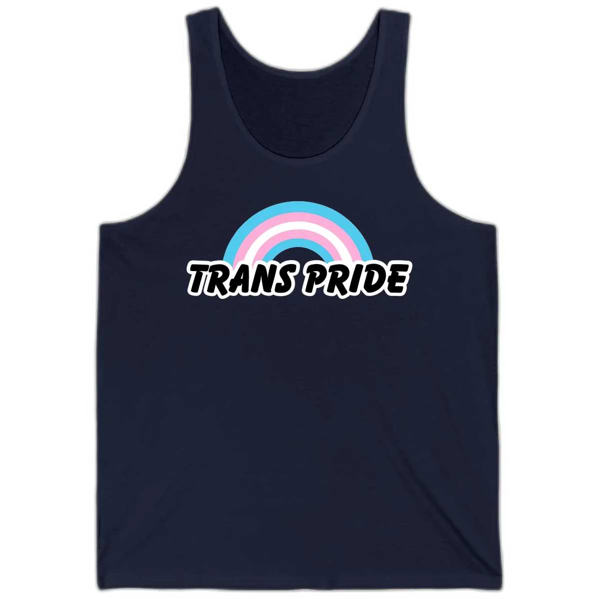 Trans pride rainbow design with cyan, pink, and white concentric arcs above black italic 'TRANS PRIDE' text with white outline on gray background in Navy