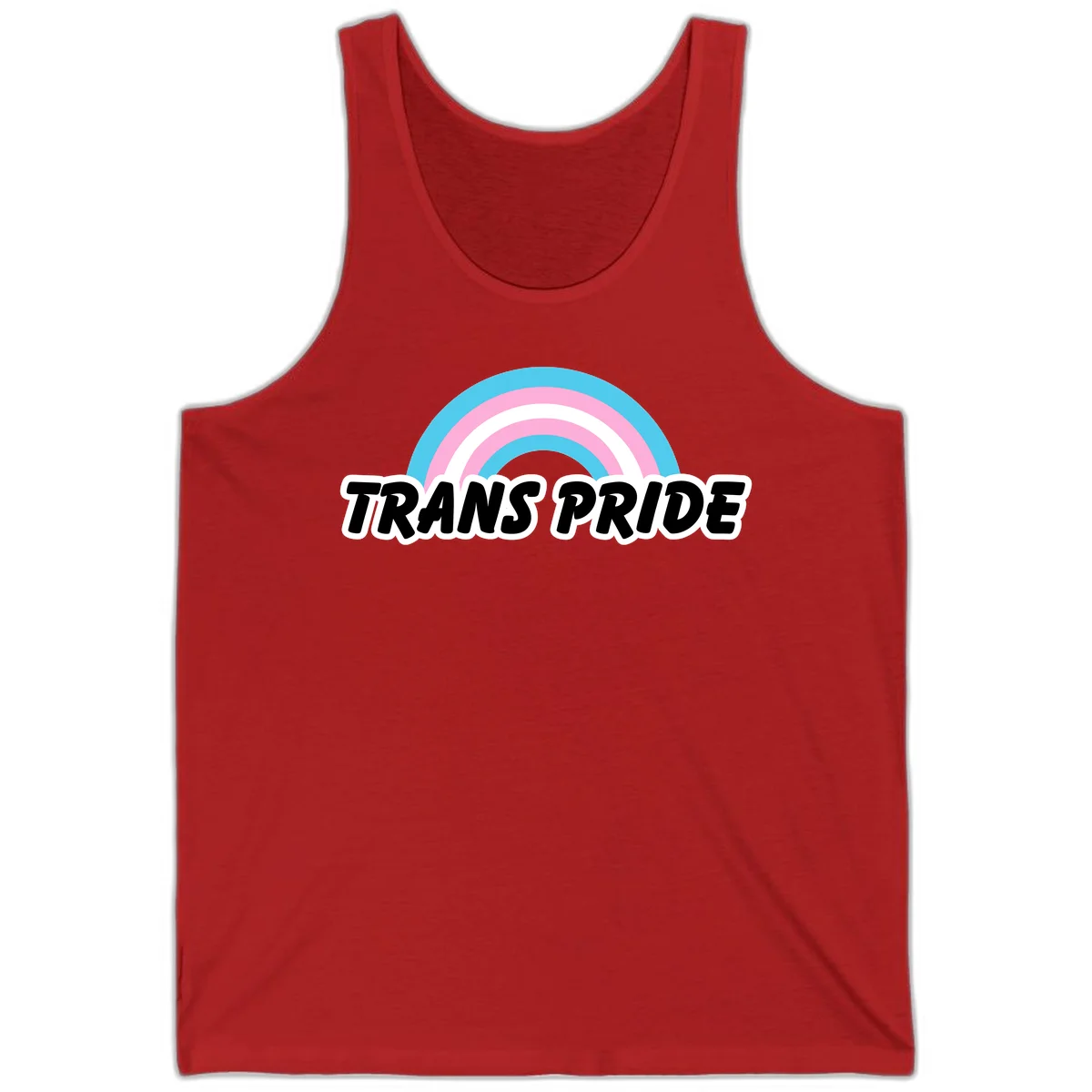 Trans pride rainbow design with cyan, pink, and white concentric arcs above black italic 'TRANS PRIDE' text with white outline on gray background in Red