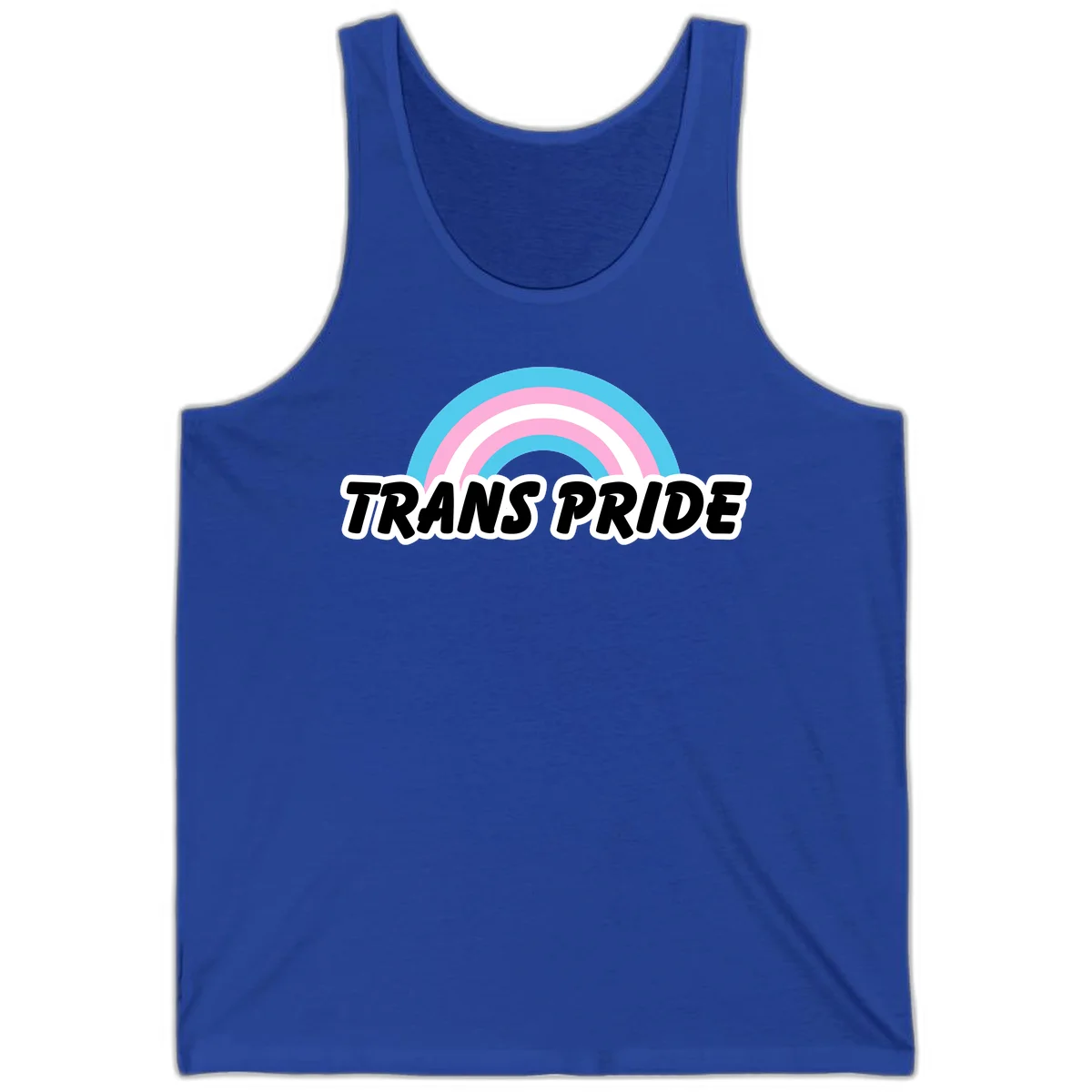Trans pride rainbow design with cyan, pink, and white concentric arcs above black italic 'TRANS PRIDE' text with white outline on gray background in True Royal