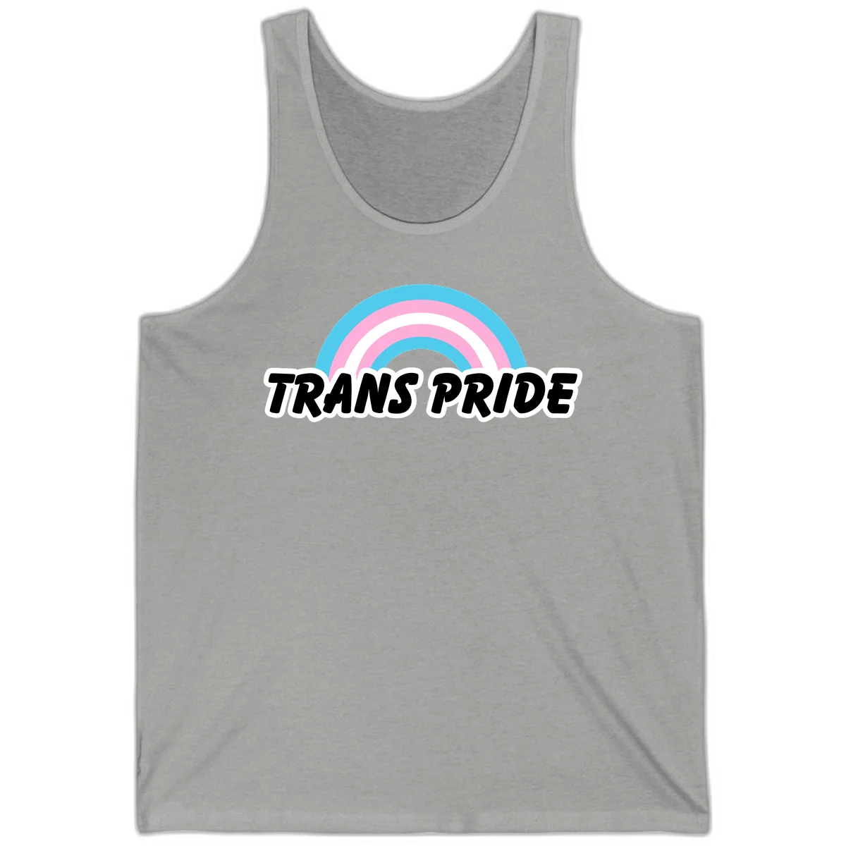 Trans pride rainbow design with cyan, pink, and white concentric arcs above black italic 'TRANS PRIDE' text with white outline on gray background in Athletic Heather