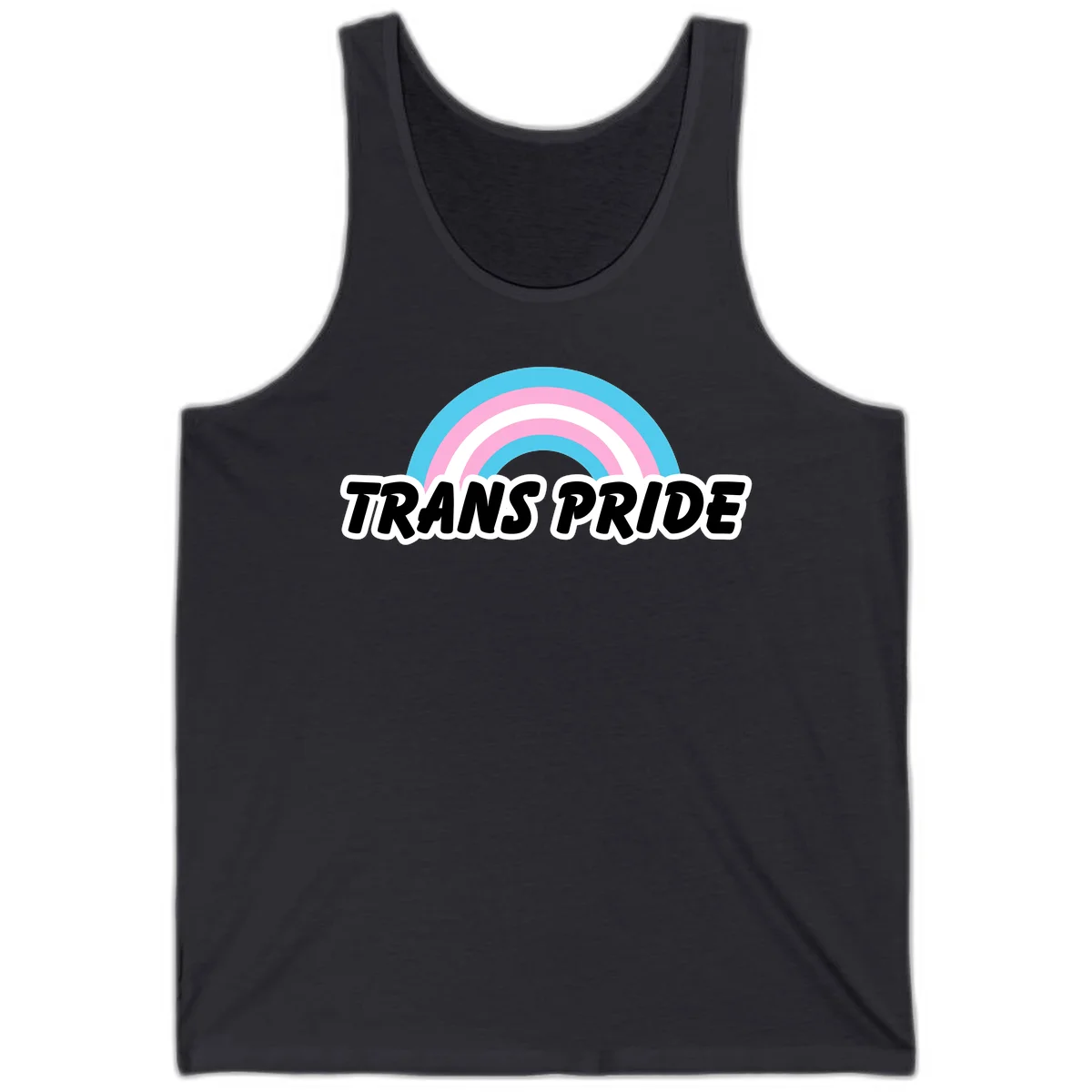 Trans pride rainbow design with cyan, pink, and white concentric arcs above black italic 'TRANS PRIDE' text with white outline on gray background in Dark Grey