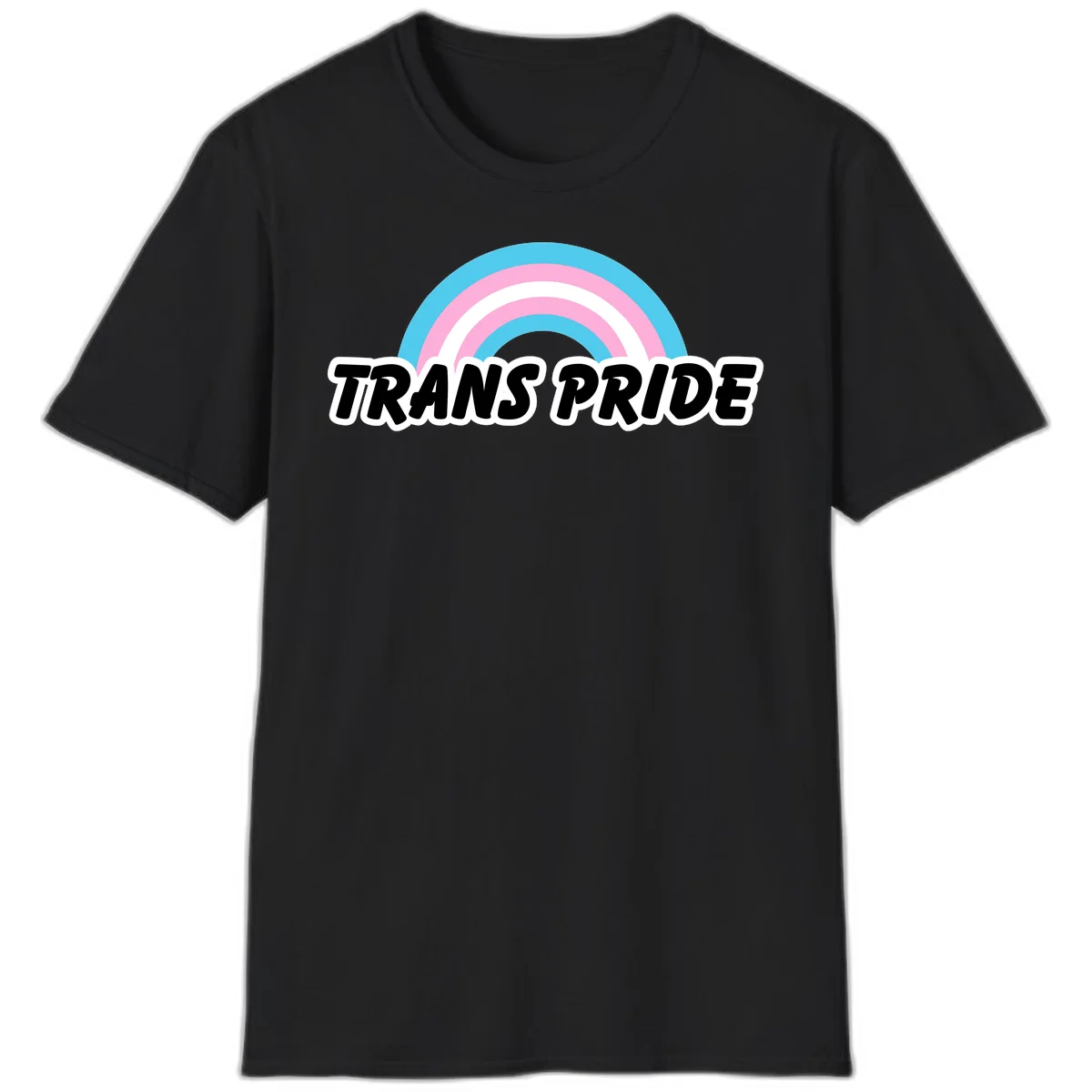 Trans pride rainbow design with cyan, pink, and white concentric arcs above black italic 'TRANS PRIDE' text with white outline on gray background in Black