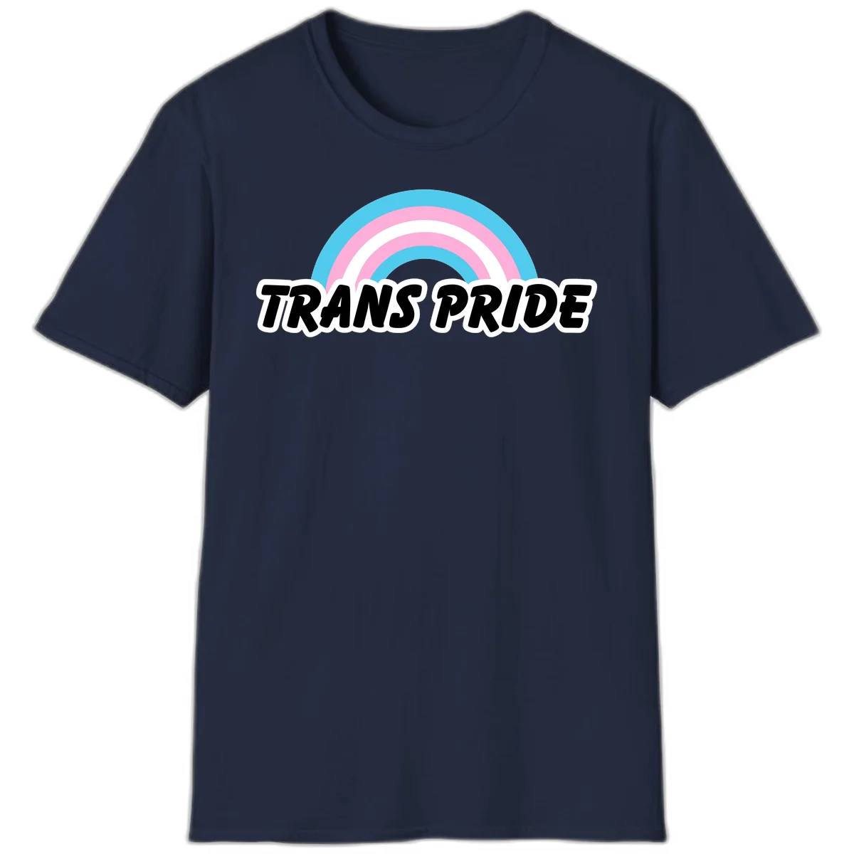 Trans pride rainbow design with cyan, pink, and white concentric arcs above black italic 'TRANS PRIDE' text with white outline on gray background in Navy