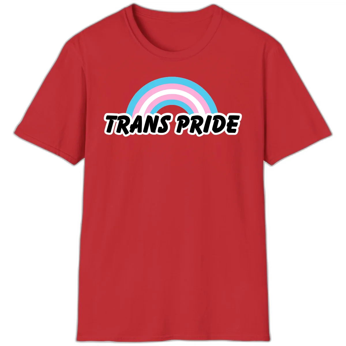 Trans pride rainbow design with cyan, pink, and white concentric arcs above black italic 'TRANS PRIDE' text with white outline on gray background in Red