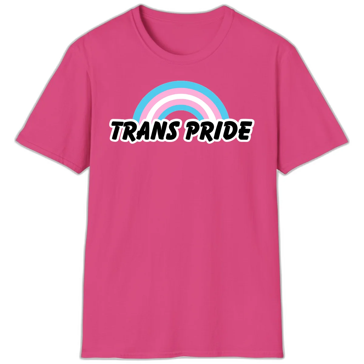 Trans pride rainbow design with cyan, pink, and white concentric arcs above black italic 'TRANS PRIDE' text with white outline on gray background in Heliconia