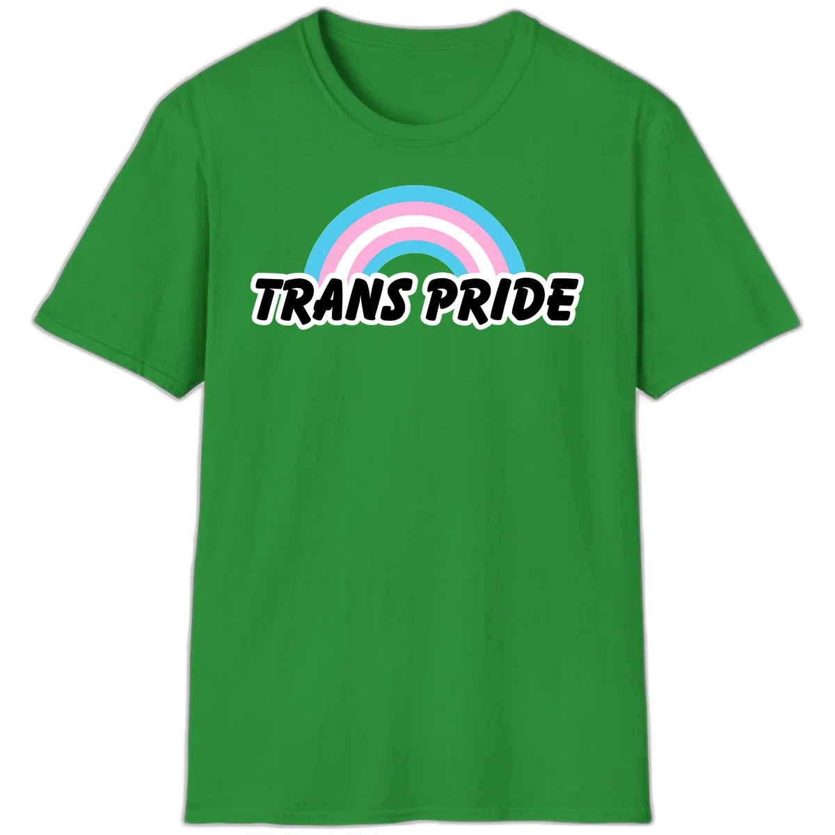 Trans pride rainbow design with cyan, pink, and white concentric arcs above black italic 'TRANS PRIDE' text with white outline on gray background in Irish Green